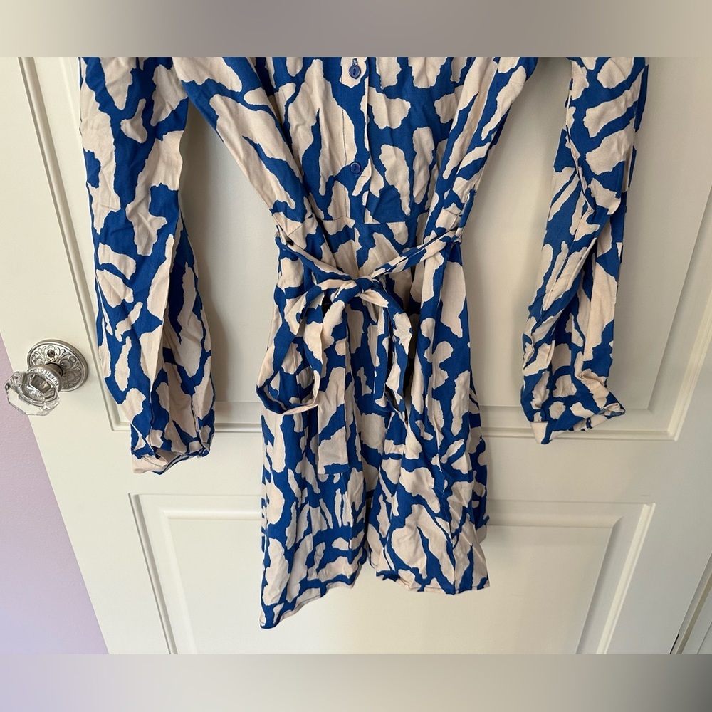 An'ge Blue & Cream Tie-Waist Shirt Dress Boho Chic Normcore Femine Flowy XL - Picture 2 of 5